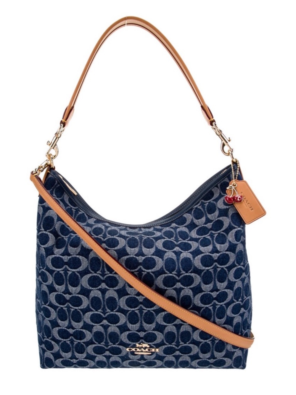 COACH LAUREL LARGE SIGNATURE DENIM SHOULDER BAG WITH CHERRY CHARM